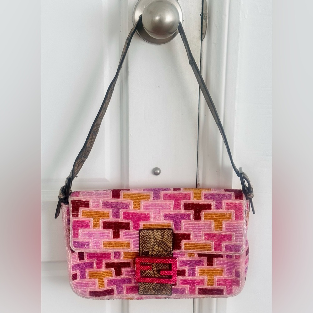 VINTAGE FENDI Red Sequin Beaded Mamma Baguette Shoulder bag